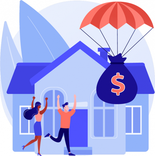 house and bag of cash on a parachute