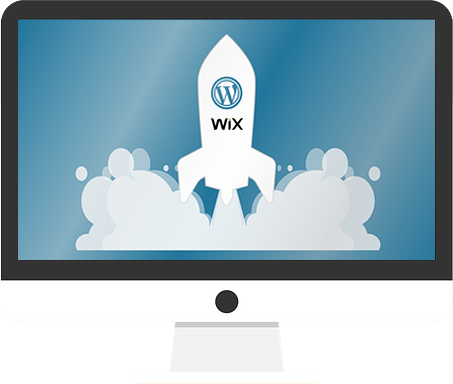 wordpress and wix logo inside a rocket pointing upwards lifting off